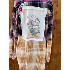Boho Jane Saved by Grace Bleached Plaid Flannel Shirt Medium Rayon Patchwork